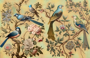 Illustration of a group of birds perched on tree branches adorned with blossoming flowers and twigs