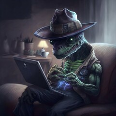 an alien wearing a fedora playing video games 