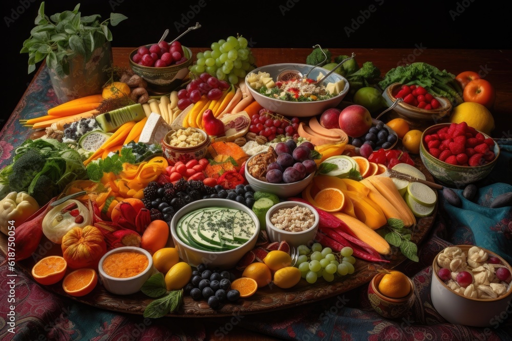 Wall mural covered platter of colorful vegetables, fruits, and cheeses, created with generative ai