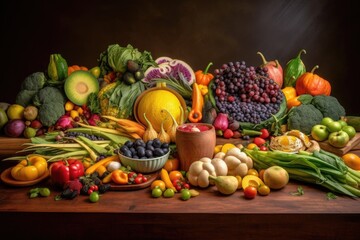 creative mix of different foods, including fruits and vegetables, to create colorful and appetizing display, created with generative ai