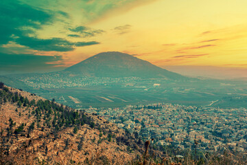 View from Mount Precipice to the Tavor mountain reserve and the Arab villages of Iksal and...