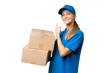 Delivery caucasian woman over isolated background pointing back