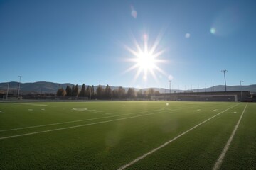 athletic field, with the sun shining down upon it, and clear blue sky above, created with generative ai