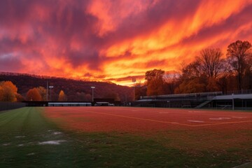 sunset over athletic field, with vibrant orange and pink skies, created with generative ai