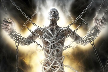 an aerial view of a human soul forest to a tree3 out of this world extraterrestrial magnificent detailed humanoid body with white clear smoke skin very bright held by these chains5 locked up for 
