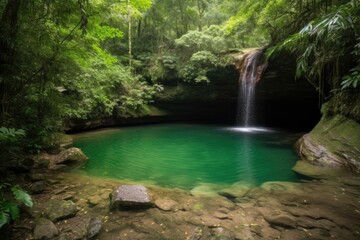 majestic waterfall pouring into crystal-clear swimming hole, surrounded by lush greenery, created with generative ai