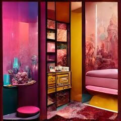cluttered decopunk interior combined with lovecore victorian sensibilities bright liquid chromacolor candy walls textured leather realistic texture glass glass glass more glass section model 
