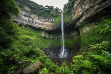 majestic waterfall cascading over rugged cliff face, surrounded by lush greenery, created with generative ai