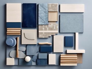 AI generated illustration of a beautiful material mood board arrangement in blue shades