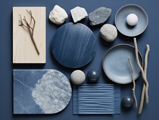 AI generated illustration of a beautiful material mood board arrangement in blue shades