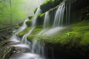 close-up of cascading spring waterfalls, with droplets of water and mist visible, created with generative ai