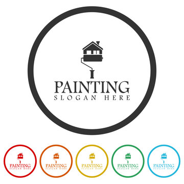 Painting logo template. Set icons in color circle buttons