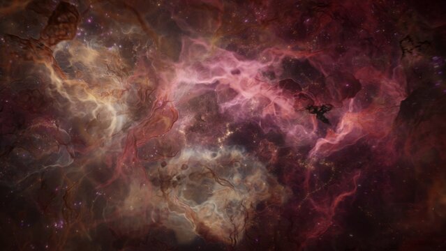 Distant galaxy star cluster in alien deep space. Science fiction concept 3d illustration of mystery interstellar gas nebula and ethereal magic glowing celestial bodies. Astronomy and cosmos wide shot.