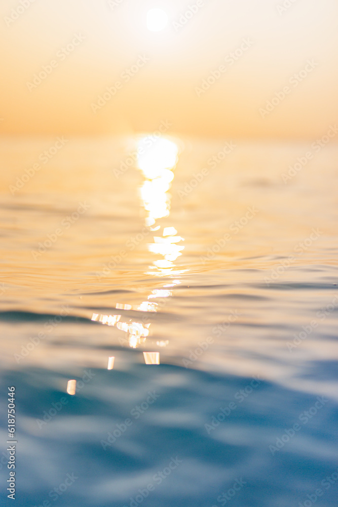Poster sea wave closeup, low angle view, sunrise sunset sunlight. idyllic earth day seascape. calm waves, g - Posters