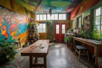 Fototapeta premium inside of an art studio, with vibrant murals and paintings on the walls, created with generative ai
