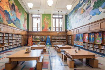 brightly colored murals on walls of school library, with books and learning tools visible, created with generative ai