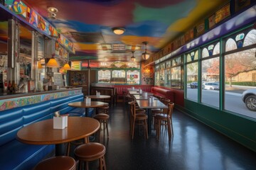 Fototapeta na wymiar retro diner, with vibrant and colorful murals of 1950s americana, created with generative ai