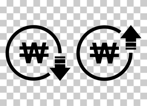 Set of cost symbol won increase and decrease icon. Money vector symbol isolated on background