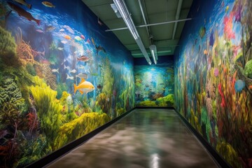 colorful mural of school of fish swimming in underwater scene, created with generative ai