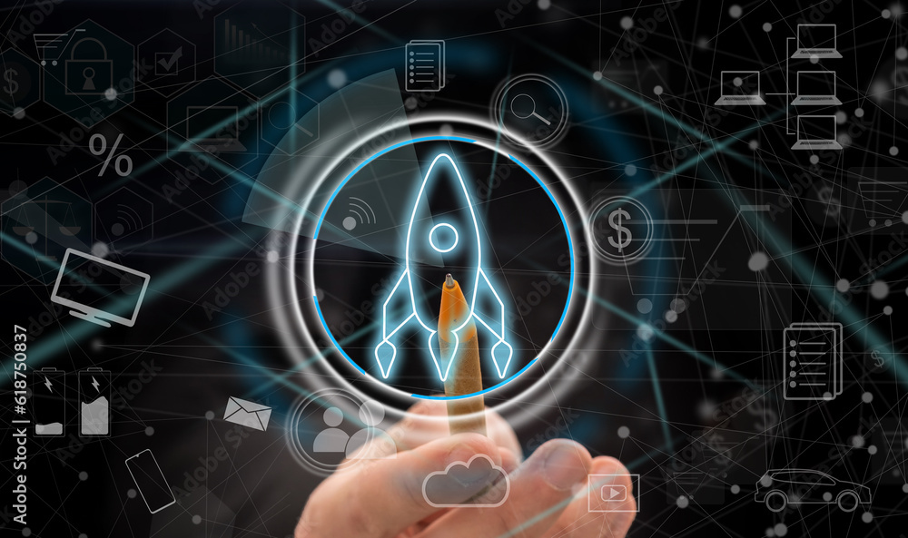 Poster financial technology flowchart and basic income mining cryptocurrency with blockchain startup unicorn crypto money virtual diagram.businessman hand working with new modern computer.