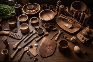 Obraz na płótnie Canvas a spread of cooking utensils, each with its own unique design or purpose, created with generative ai
