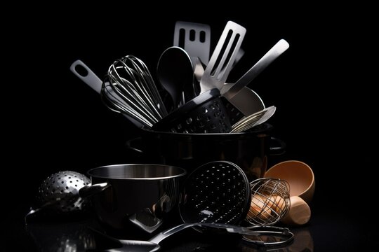 set of cooking utensils arranged on sleek black background for modern look, created with generative ai