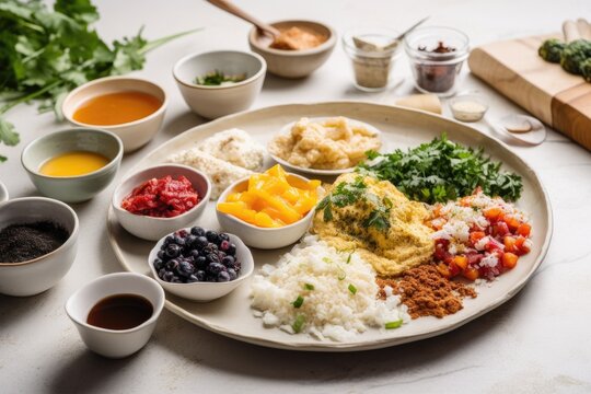a plate of deconstructed breakfast, with individual ingredients and spices visible, created with generative ai