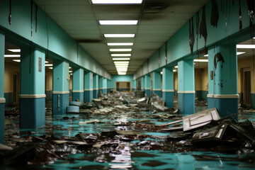 A photograph of an empty and dilapidated hospital corridor, with peeling paint, flickering lights, and a sense of forgotten history in