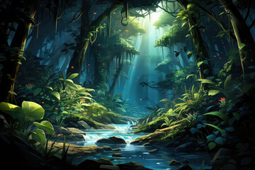 A artwork depicting a mystical waterfall hidden deep within a dense forest, where water and light blend, creating a serene and ethereal space in