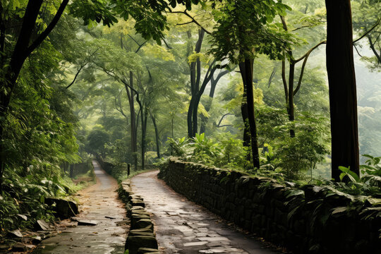 A artwork depicting a dense forest with trees covered in mist, where reality and imagination blend, creating an otherworldly and ethereal atmosphere in