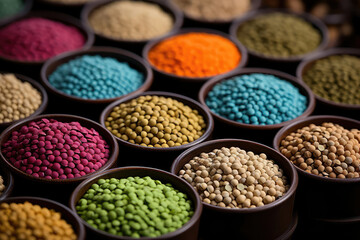 A artwork featuring a carefully arranged composition of various legumes, creating a visually striking and artistic representation of legume diversity in