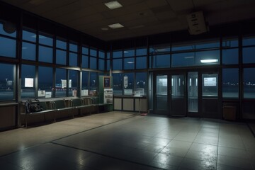 Plakat empty terminal at night with moonlight shining through the windows, created with generative ai