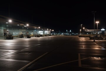 Fototapeta na wymiar nighttime view of empty airport terminal with dimmed lighting, and distant sounds of airplanes, created with generative ai