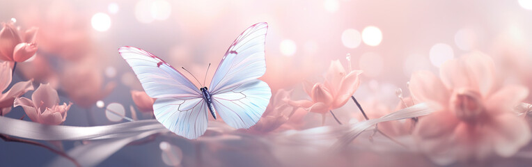 Fototapeta na wymiar Delicately pink romantic natural floral background with a white butterfly on flower in soft daylight with beautiful bokeh and pastel colors, close-up macro Generative AI 