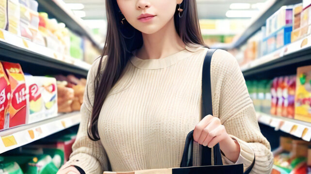 スーパーで買い物する若い女性_Generative AI