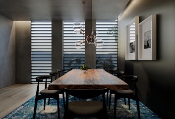 Modern dining room interior design contemporary, with natural tones on the room, walls, floor and ceiling. 3d rendering illustration