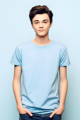 Light blue, t-shirt mockup for teens and young adults. AI generative model wearing blank tshirt with space for your design, lettering or logo.