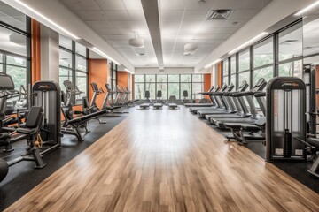 gymnasium with rows of cardio machines, free weights, and mirrors, created with generative ai - obrazy, fototapety, plakaty