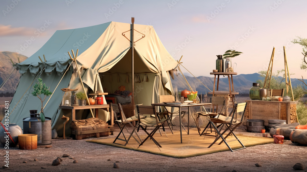 Poster a tent set up in the desert with a table and chairs. generative ai.