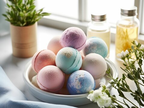 AI generated illustration of a luxurious spa setting featuring a variety of bath bombs