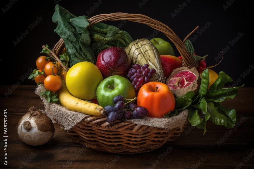 Poster rustic basket of fresh fruits and vegetables, with a hint of nature, created with generative ai