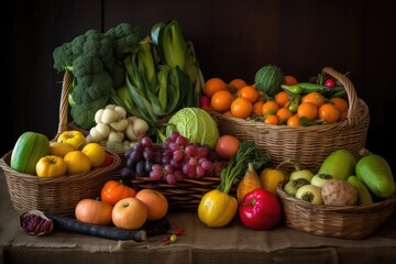 a beautiful arrangement of fresh fruits and vegetables, arranged in a basket, created with generative ai