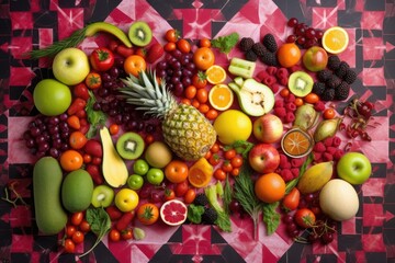 Obraz na płótnie Canvas fresh fruits and vegetables arranged in geometric shapes and patterns, created with generative ai