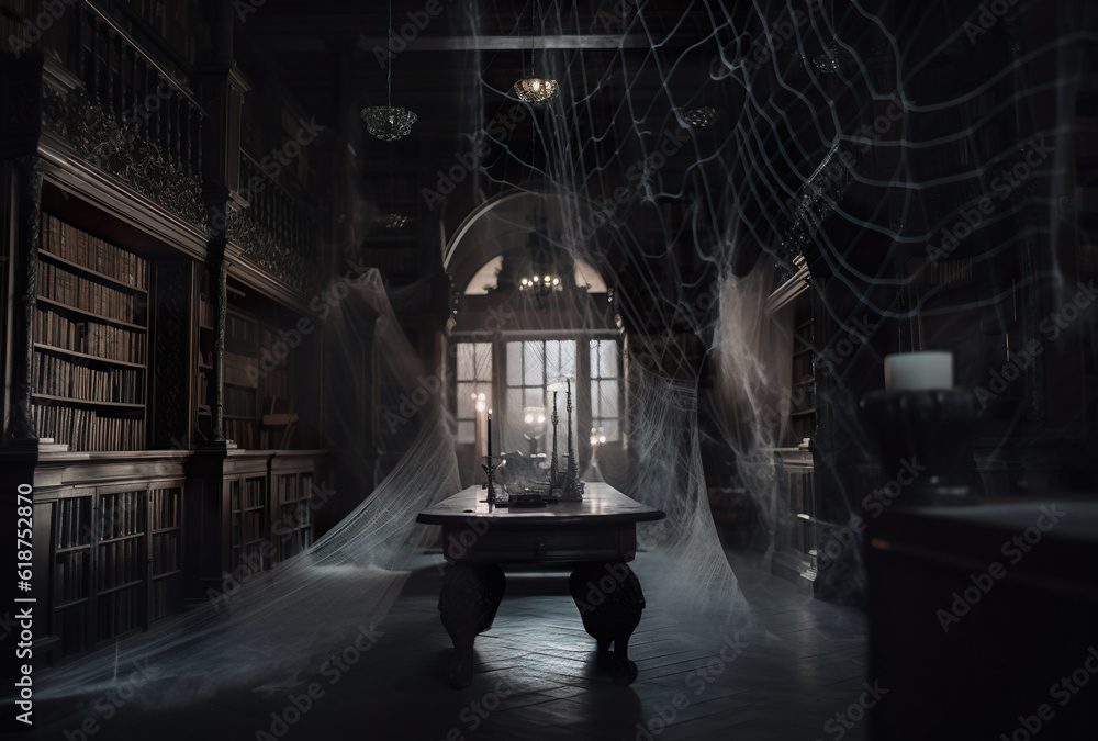 Poster a room with a table and a spider net. ai generative.