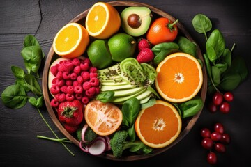 Obraz na płótnie Canvas healthy eating plate with fresh fruits and vegetables, created with generative ai