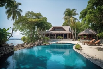 Fototapeta na wymiar remote island getaway with luxury villa, swimming pool, and private beach, created with generative ai