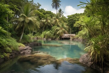 Fototapeta na wymiar remote island with natural hot springs, surrounded by tropical foliage, created with generative ai