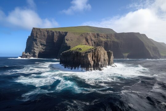 remote island surrounded by towering cliffs, with crashing waves in the background, created with generative ai