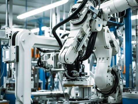 automative factory, a robotics arm with a milling spindle attachment performs the finishing cut on precision-engineered aluminum transmission parts.