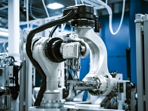 automative factory, a robotics arm with a milling spindle attachment performs the finishing cut on precision-engineered aluminum transmission parts.